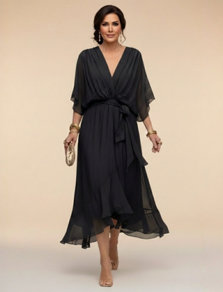 Talia | Chiffon Dress with V-Neck – Black