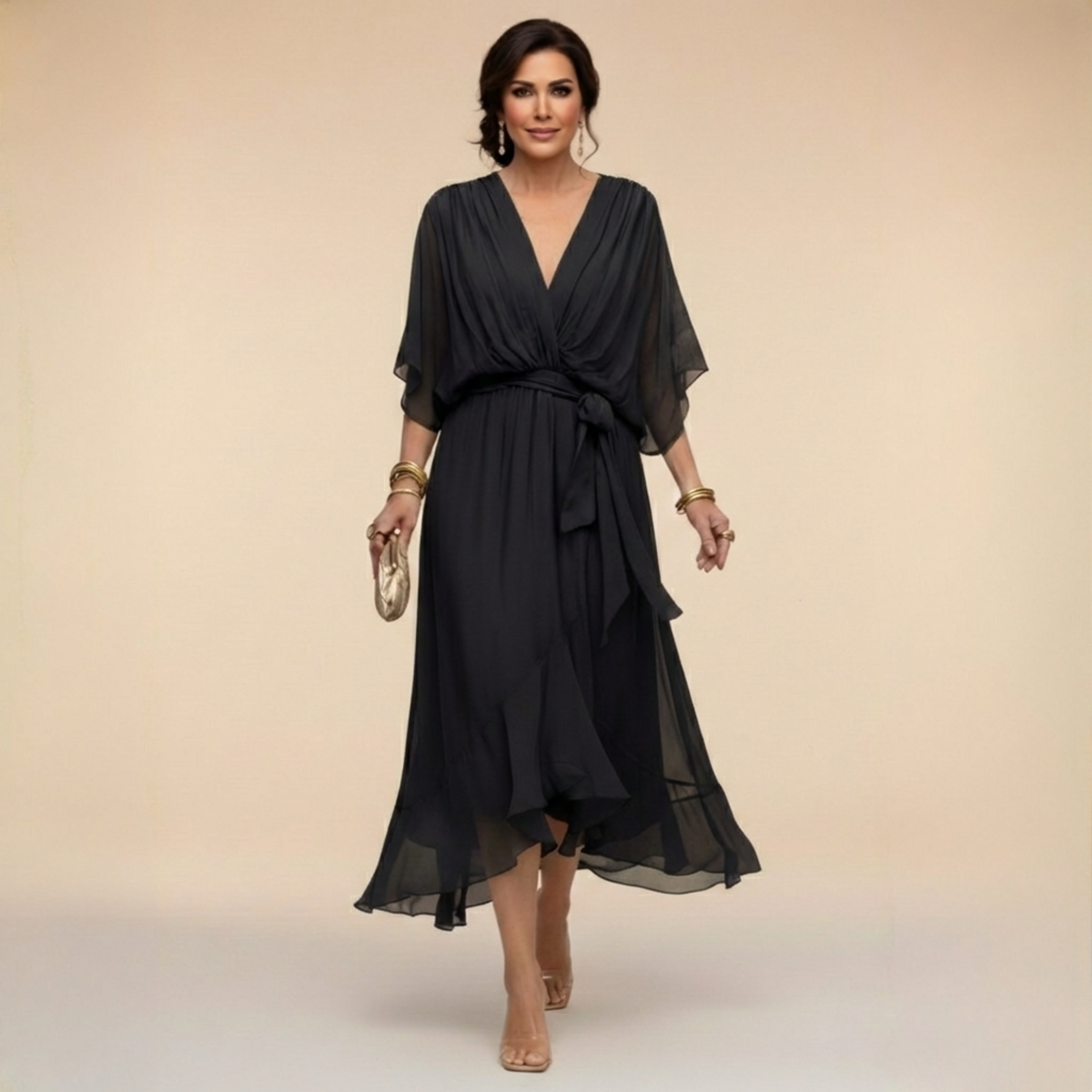 Talia | Chiffon Dress with V-Neck – Black