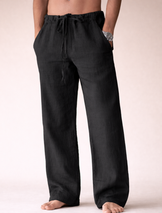Lorcan | Straight Leg Linen Pants with Drawstring Waist – Black