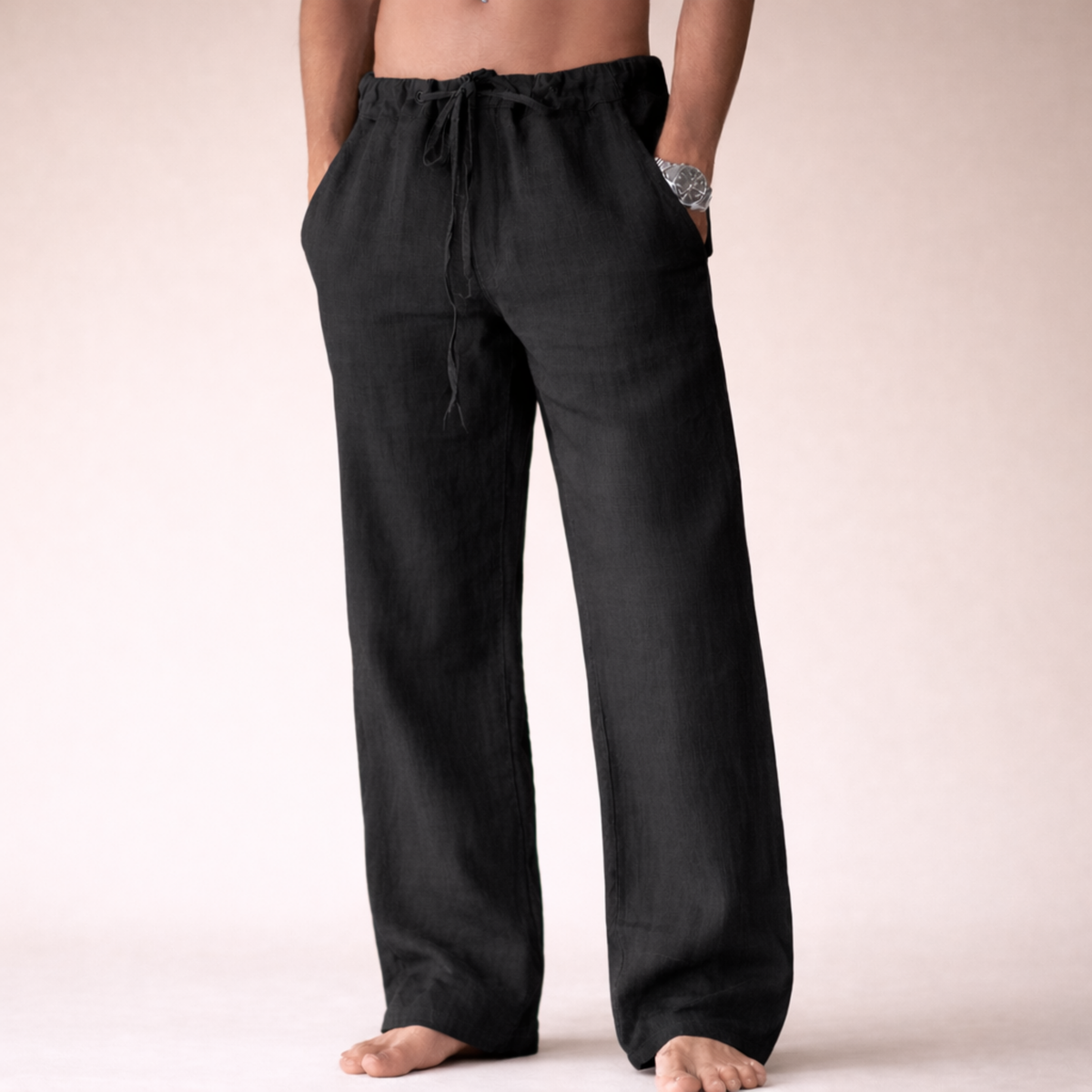 Lorcan | Straight Leg Linen Pants with Drawstring Waist – Black