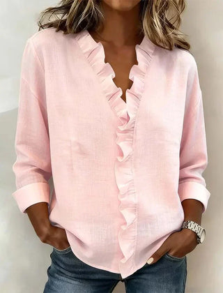 Etta | Ruffle Blouse with V-Neck – Pink