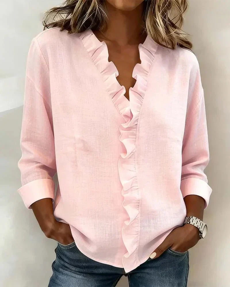 Etta | Ruffle Blouse with V-Neck – Pink