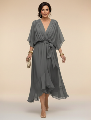 Talia | Chiffon Dress with V-Neck – Grey