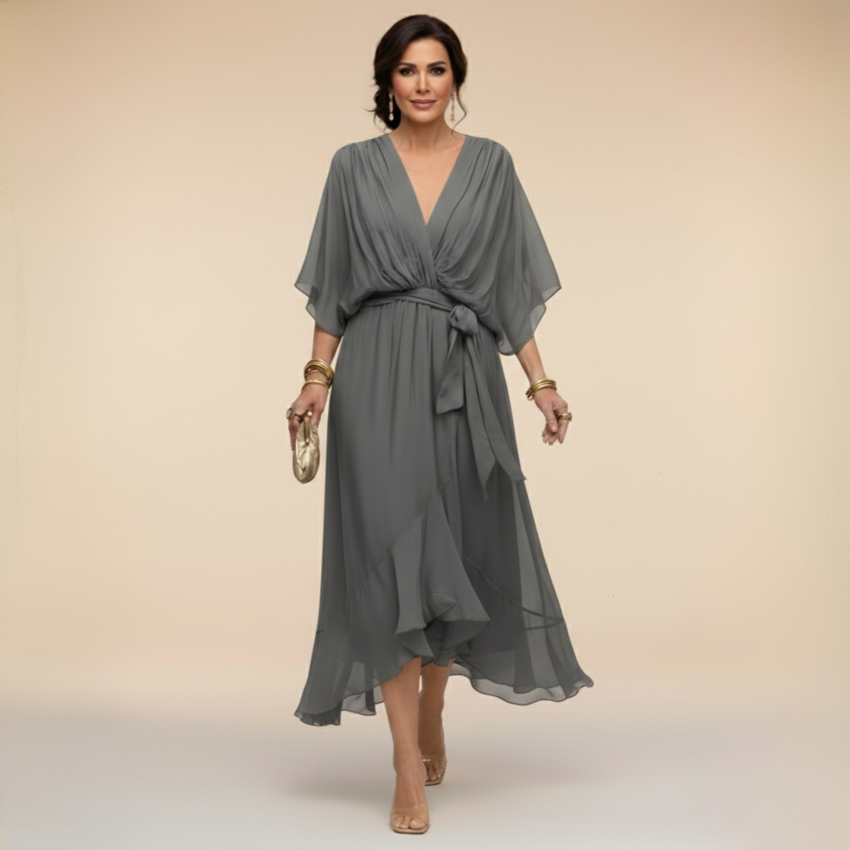 Talia | Chiffon Dress with V-Neck – Grey