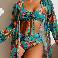 Delphina | Women's Floral Bikini with Cover-Up Top – Blue