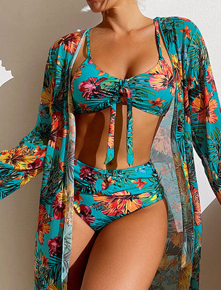 Delphina | Women's Floral Bikini with Cover-Up Top – Blue