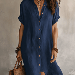 Sabine | Button Front Linen Midi Dress – Blue