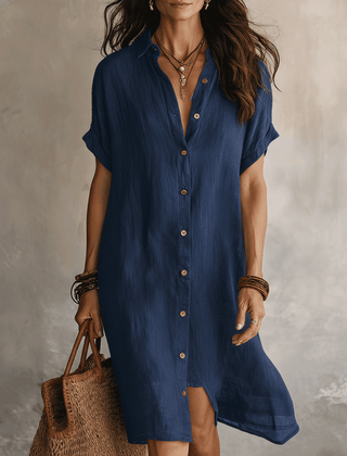 Sabine | Button Front Linen Midi Dress – Blue