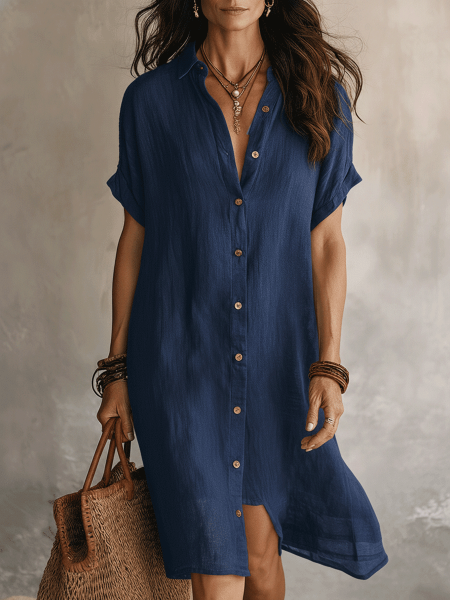 Sabine | Button Front Linen Midi Dress – Blue