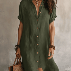 Sabine | Button Front Linen Midi Dress – Green