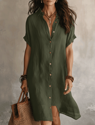 Sabine | Button Front Linen Midi Dress – Green