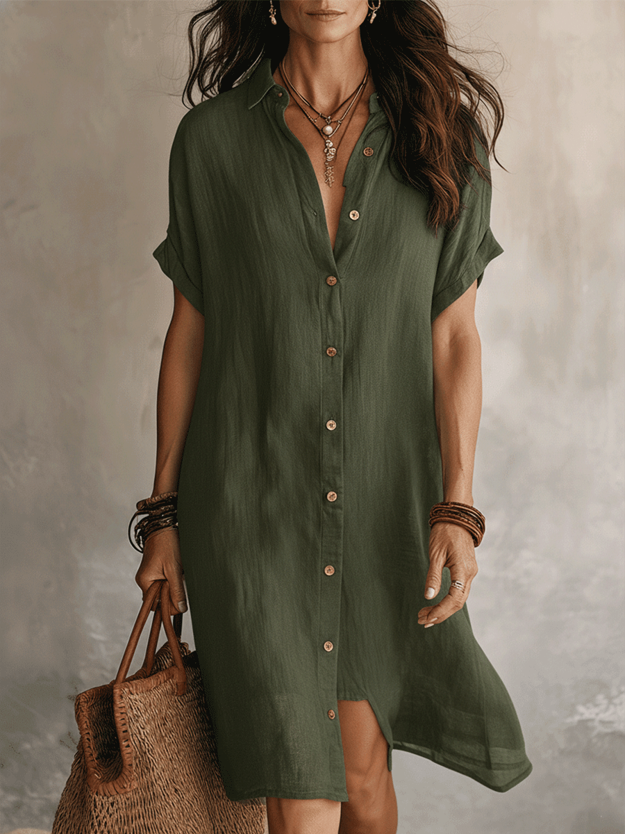 Sabine | Button Front Linen Midi Dress – Green