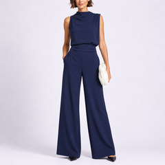 Rosalba | Sleeveless High Neck Jumpsuit with Wide Legs – Navy