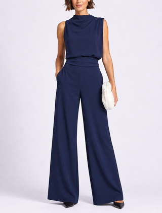 Rosalba | Sleeveless High Neck Jumpsuit with Wide Legs – Navy