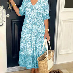Henrietta | Floral A-Line Dress with Deep V-Neck – Sky Blue