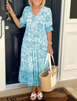 Henrietta | Floral A-Line Dress with Deep V-Neck – Sky Blue