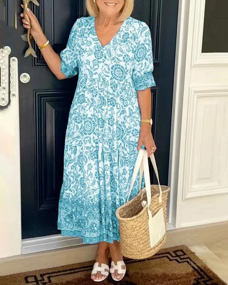 Henrietta | Floral A-Line Dress with Deep V-Neck – Sky Blue