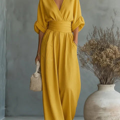 Ilaria | Women's V-Neck Wide Leg Jumpsuit with High Waist – Yellow