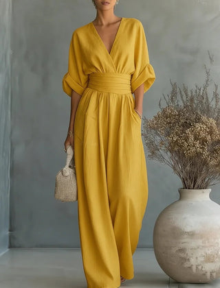 Ilaria | Women's V-Neck Wide Leg Jumpsuit with High Waist – Yellow