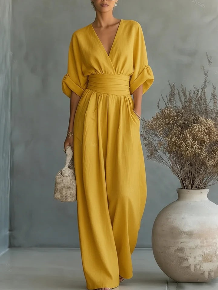 Ilaria | Women's V-Neck Wide Leg Jumpsuit with High Waist – Yellow