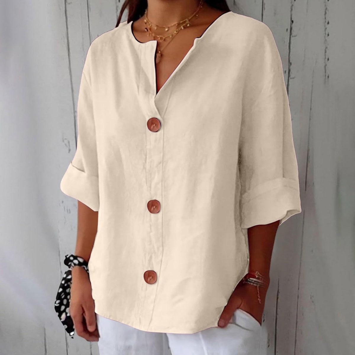 Adeline | Women's V-Neck Everyday Blouse – Beige