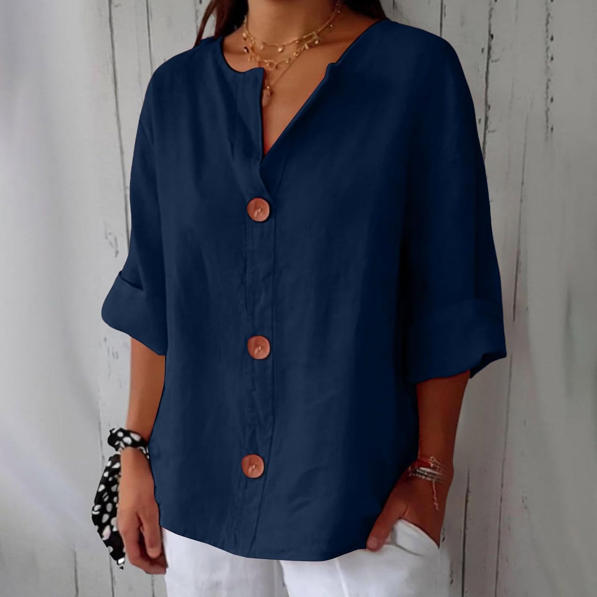 Adeline | Women's V-Neck Everyday Blouse – Navy