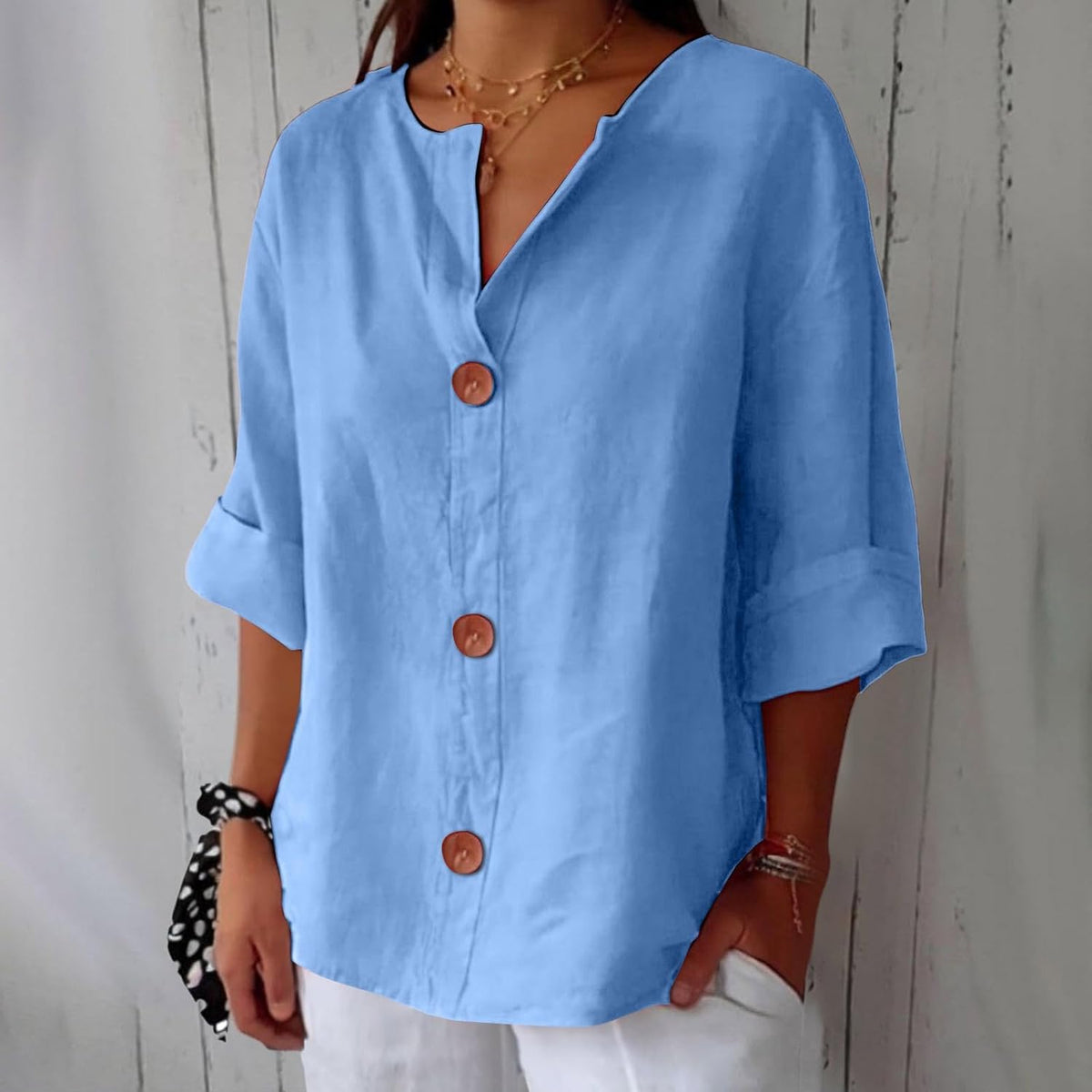 Adeline | Women's V-Neck Everyday Blouse – Blue