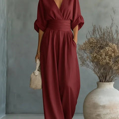 Ilaria | Women's V-Neck Wide Leg Jumpsuit with High Waist – Red