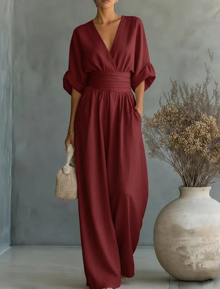 Ilaria | Women's V-Neck Wide Leg Jumpsuit with High Waist – Red