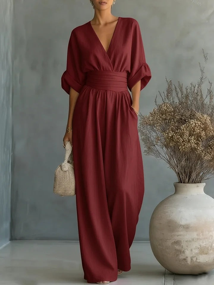 Ilaria | Women's V-Neck Wide Leg Jumpsuit with High Waist – Red