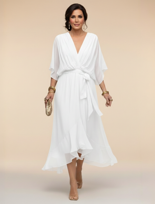 Talia | Chiffon Dress with V-Neck – White