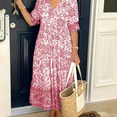 Henrietta | Floral A-Line Dress with Deep V-Neck – Pink