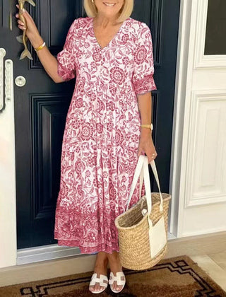 Henrietta | Floral A-Line Dress with Deep V-Neck – Pink