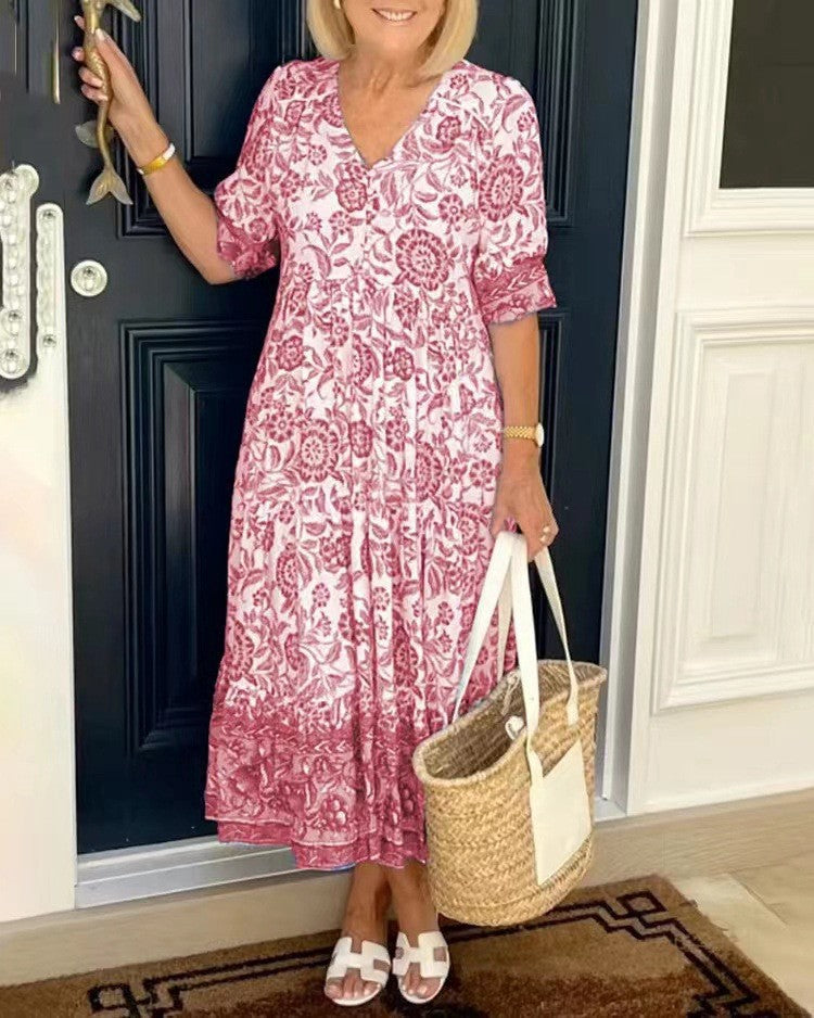 Henrietta | Floral A-Line Dress with Deep V-Neck – Pink