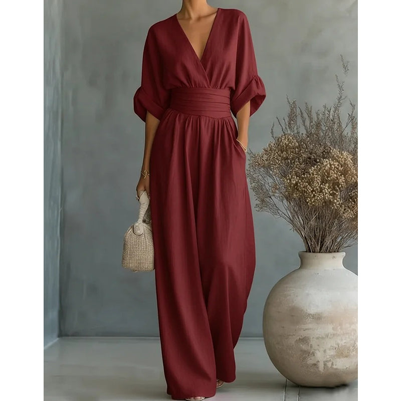 Ilaria | Women's V-Neck Wide Leg Jumpsuit with High Waist