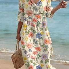 Tansy | V-Neck Floral Linen Midi Dress – Multicolour