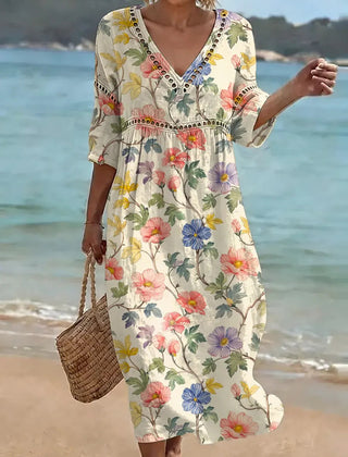 Tansy | V-Neck Floral Linen Midi Dress – Multicolour
