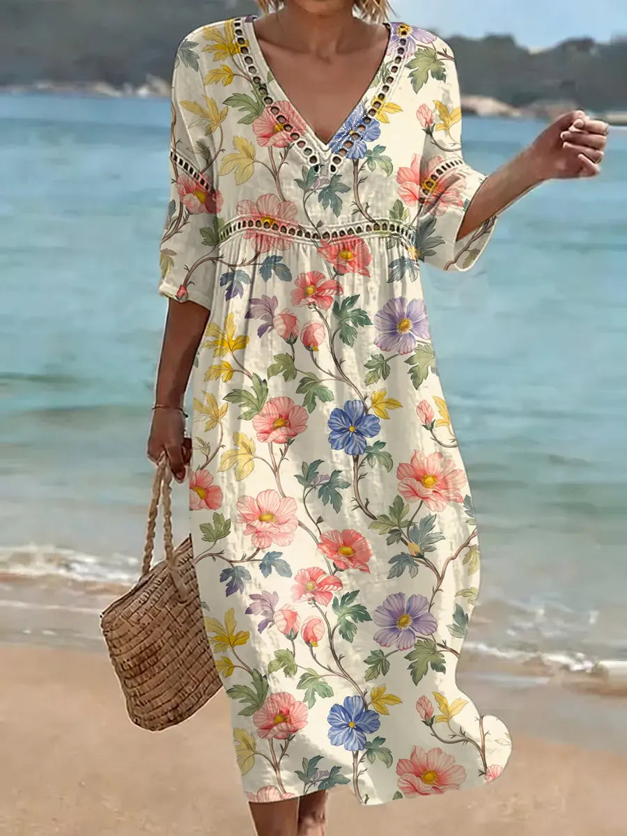 Tansy | V-Neck Floral Linen Midi Dress – Multicolour