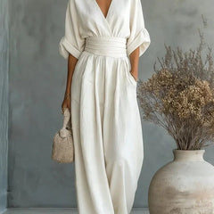 Ilaria | Women's V-Neck Wide Leg Jumpsuit with High Waist – White