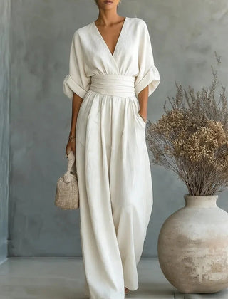 Ilaria | Women's V-Neck Wide Leg Jumpsuit with High Waist – White