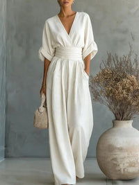 Ilaria | Women's V-Neck Wide Leg Jumpsuit with High Waist