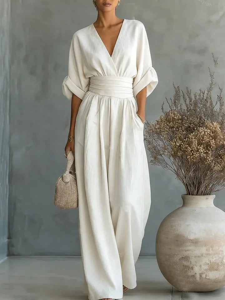 Ilaria | Women's V-Neck Wide Leg Jumpsuit with High Waist – White