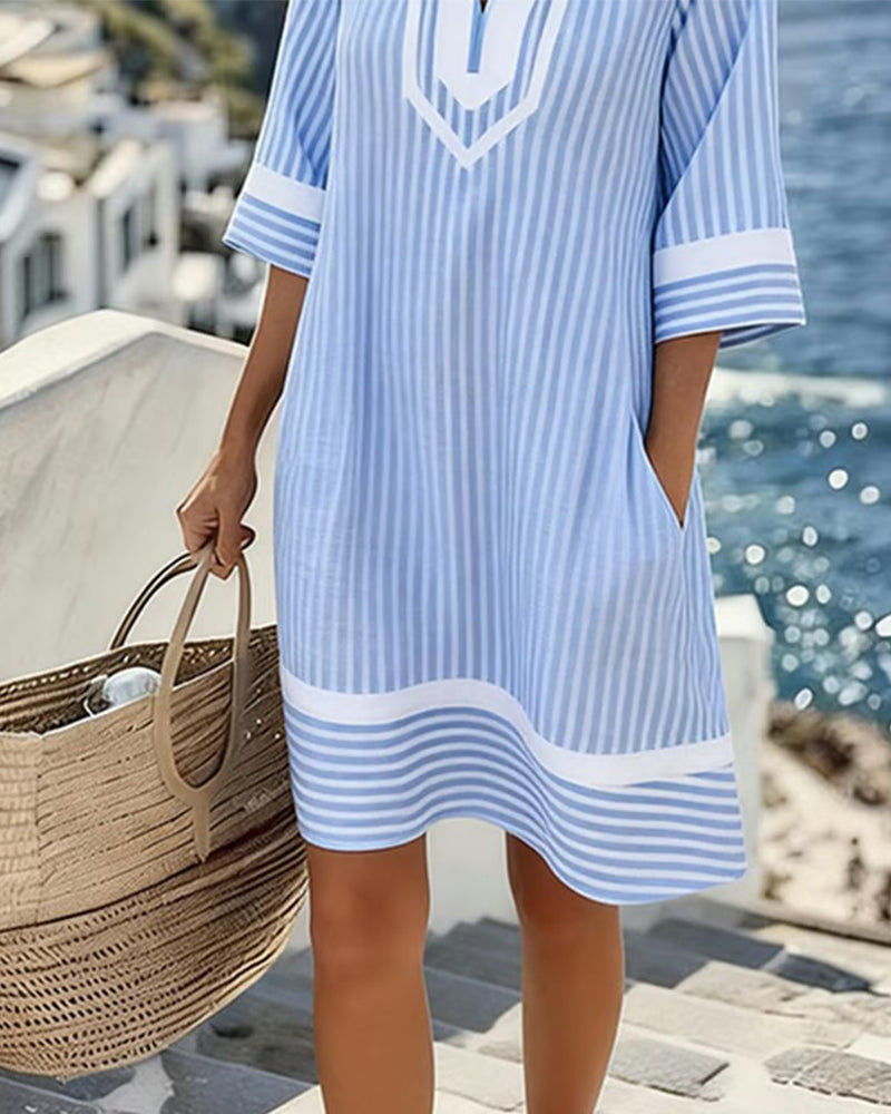 Anouk | Short Sleeve Striped Dress with V-Neck