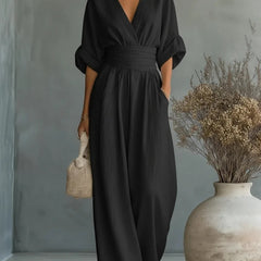 Ilaria | Women's V-Neck Wide Leg Jumpsuit with High Waist – Black