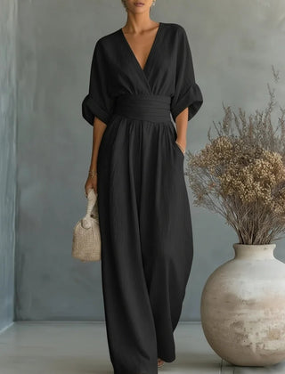 Ilaria | Women's V-Neck Wide Leg Jumpsuit with High Waist – Black