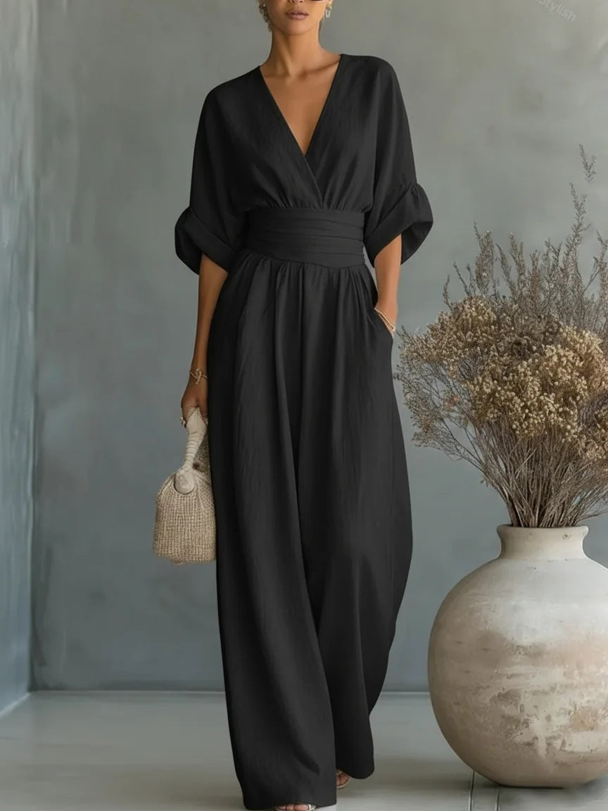 Ilaria | Women's V-Neck Wide Leg Jumpsuit with High Waist – Black
