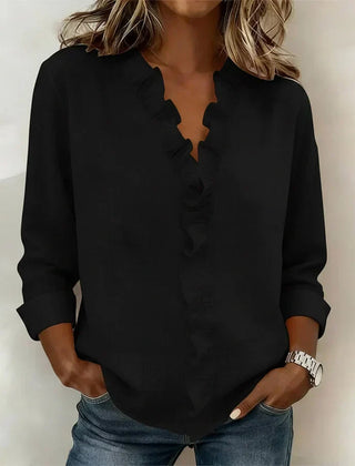 Etta | Ruffle Blouse with V-Neck – Black