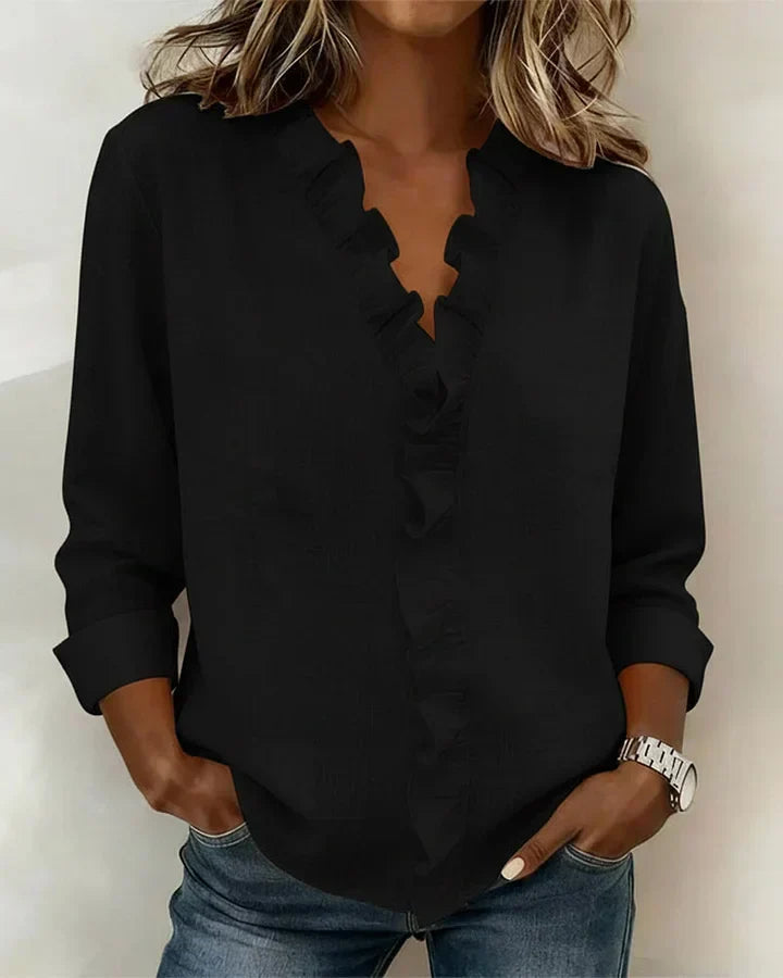 Etta | Ruffle Blouse with V-Neck – Black
