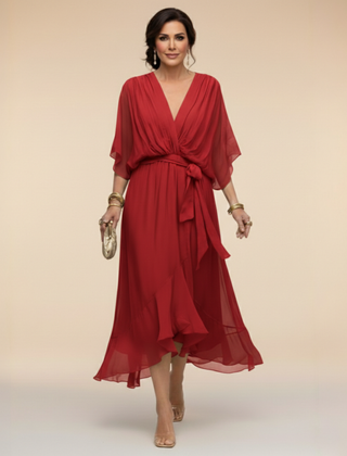 Talia | Chiffon Dress with V-Neck – Red
