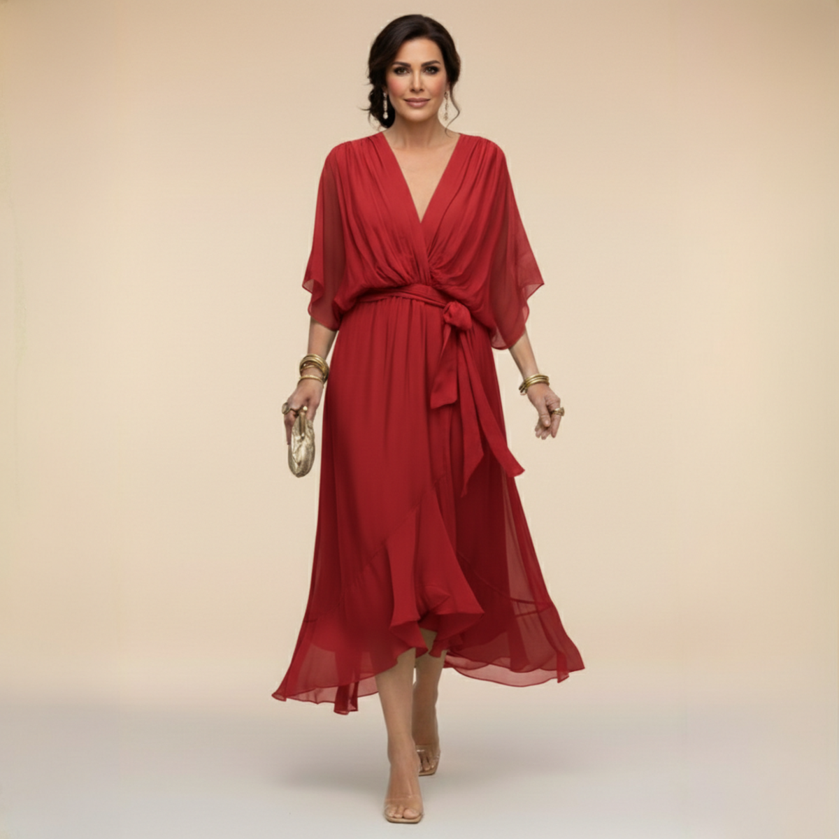 Talia | Chiffon Dress with V-Neck – Red